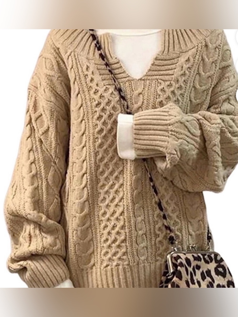Chunky Cable Knit V-Neck Sweater - Beige size XL oversized